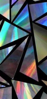 Vibrant holographic geometric mobile wallpaper with colorful abstract shapes.