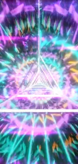 Colorful neon kaleidoscope with geometric triangles.