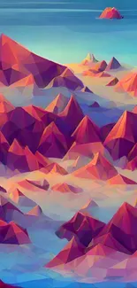 Geometric pink mountains under a blue sky with vibrant colors.