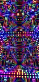 Vibrant geometric LED display with colorful patterns and infinite reflections.