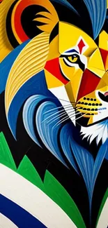 Vibrant geometric lion art with abstract design.