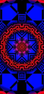 Geometric mandala wallpaper with vibrant red and blue colors.