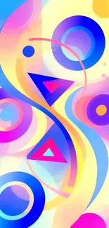 Vibrant geometric abstract wallpaper with colorful circles and triangles.
