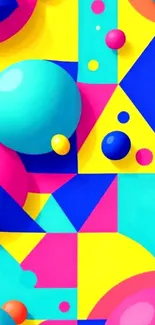 Vibrant geometric shapes with colorful spheres on wallpaper.