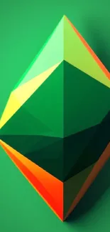 Vibrant geometric wallpaper with green and orange polyhedron design.