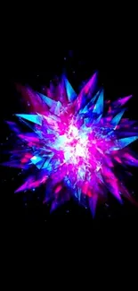 Vibrant geometric burst in purple and blue on black background.