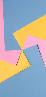 Vibrant abstract geometric wallpaper design in blue, pink, and yellow colors.