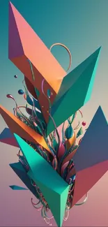 Colorful 3D geometric wallpaper with teal and orange shapes.