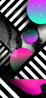 Neon geometric wallpaper with stripes and gradient circles.