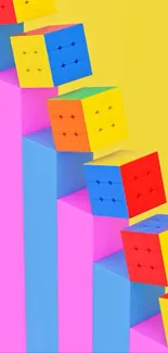 Colorful cubes on a bright yellow background.