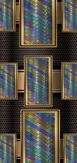 Colorful geometric and metallic wallpaper design.