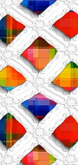 Abstract colorful geometric wallpaper with white texture overlay.