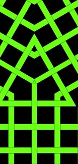 Vibrant green geometric pattern on black background.