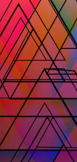 Vibrant geometric pattern wallpaper with colorful triangles and lines.