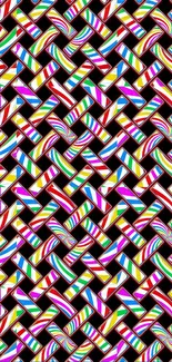 Vibrant geometric wallpaper with colorful stripes on black background.