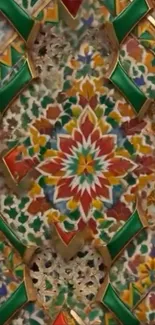 Vibrant geometric mosaic art wallpaper with intricate patterns.