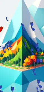 Vibrant geometric mountain scene with colorful polygonal trees.