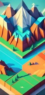 Colorful geometric mountain landscape wallpaper with 3D effect and vibrant design.