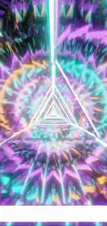 Abstract neon geometric tunnel with vibrant colors and glowing lines.