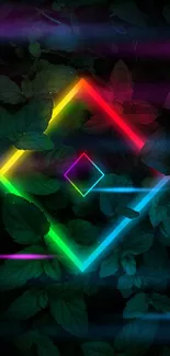 Mobile wallpaper with neon diamond and lush green leaves.