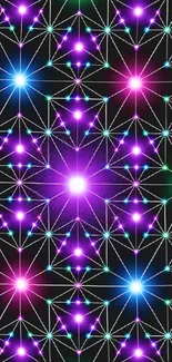 A vibrant geometric neon pattern with purple and pink hues on a dark background.