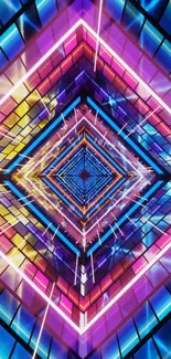Vibrant geometric neon tunnel with dazzling colors.