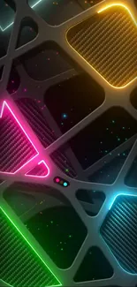 Vibrant neon geometric wallpaper with colorful abstract shapes.