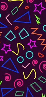 Geometric neon wallpaper with vibrant shapes on dark background.