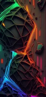 Vibrant geometric neon wallpaper with colorful abstract design.