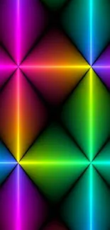 Vibrant geometric neon mobile wallpaper with colorful gradient diamonds.