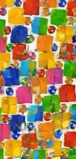 Colorful geometric pattern wallpaper with squares and circles.