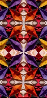 Vibrant geometric pattern in purple, red, and yellow hues.