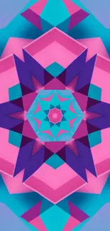 Vibrant geometric pattern wallpaper in pink, purple, and teal shades.