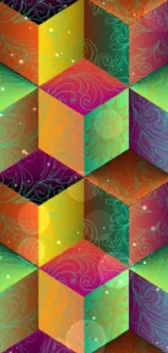 Vibrant geometric wallpaper with colorful cubes and abstract patterns.