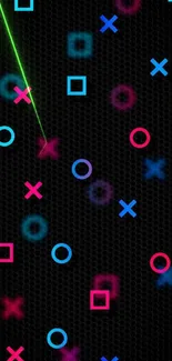 Vibrant geometric mobile wallpaper with colorful shapes on black background.