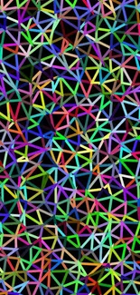 Vibrant geometric pattern wallpaper with colorful triangles on black background.