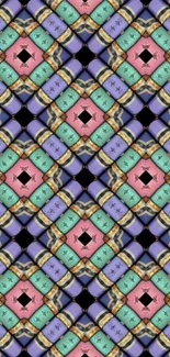 Colorful geometric pattern with purple, mint, and pink elements.