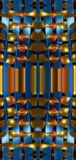 Modern geometric pattern wallpaper in blue, orange, and gold.