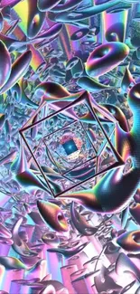 Colorful geometric pattern with iridescent shapes creating a vibrant digital design.