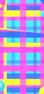 Vibrant geometric pattern wallpaper with pink, yellow, and blue colors