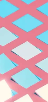 Vibrant geometric design with pink and blue squares.