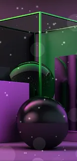 Vibrant geometric wallpaper with purple and green shapes.