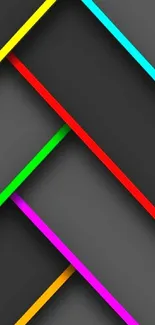 Colorful geometric wallpaper with black background and vibrant diagonal lines.