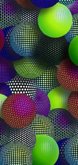 Colorful geometric wallpaper with 3D spheres in green, purple, and blue tones.