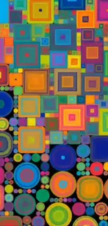 Colorful geometric pattern with squares and circles in vibrant hues.