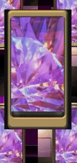 Vibrant geometric wallpaper with purple hues and golden frames.