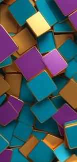 Vibrant teal, purple, and gold geometric squares wallpaper.