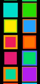 Bright and colorful squares on a black background creating a vibrant phone wallpaper.