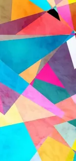 Vibrant geometric abstract mobile wallpaper with multicolored shapes.