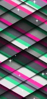 Vibrant geometric wallpaper with pink, green, and black shades.